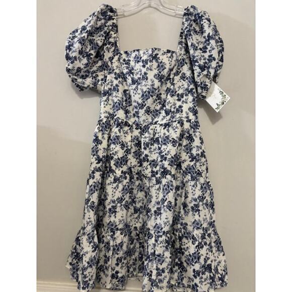 Spring Dress Puff Sleeve Floral Cottage Core Prairie Medium Coquette Toile Linen - Picture 1 of 9